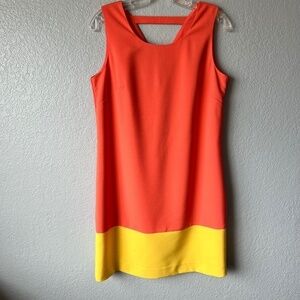 Samuel Dong mod style coral dress with yellow hem band